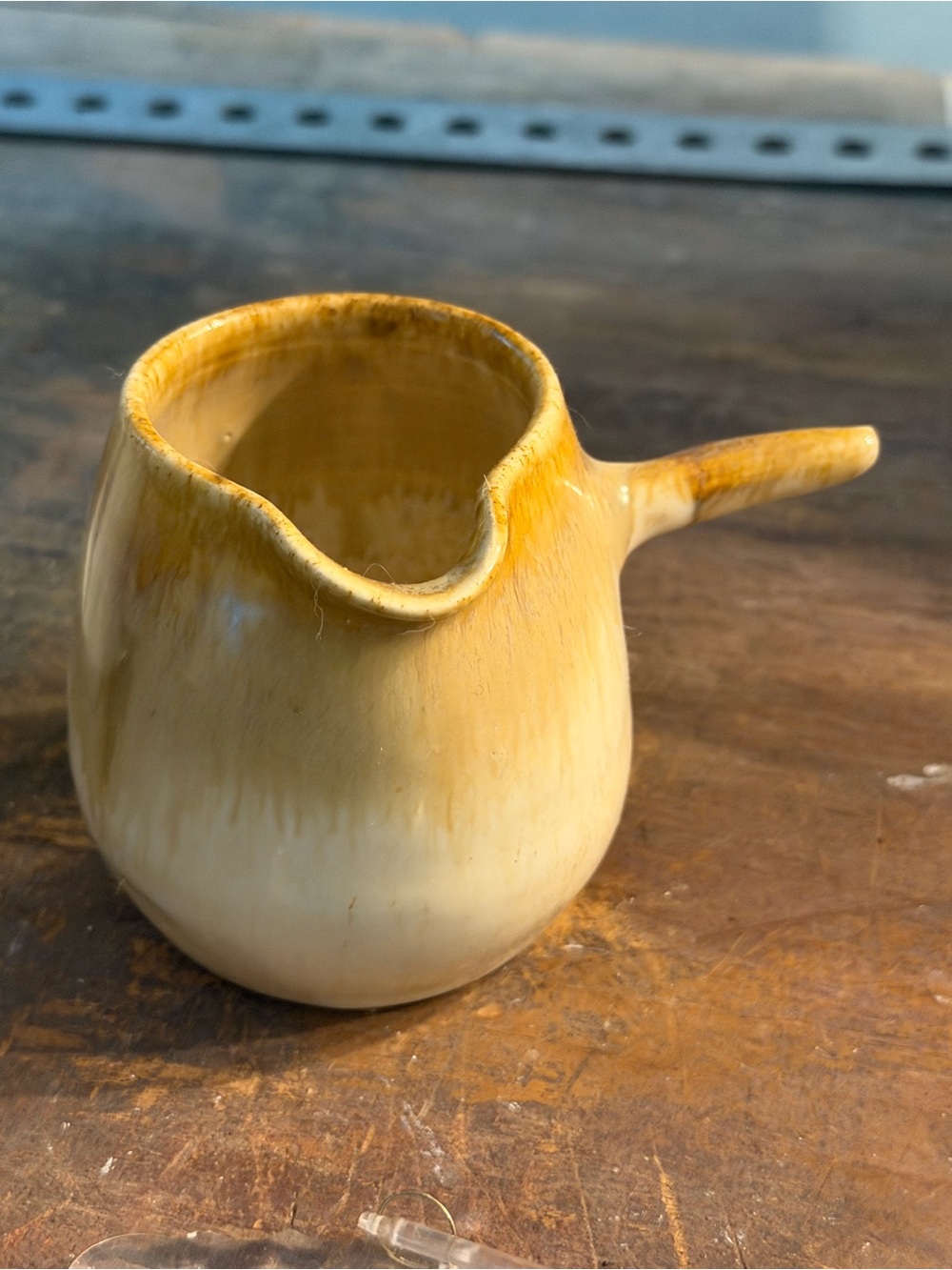Lufkin Pottery Seagrove NC Handmade Ceramic Cream and Golden Pourer 4”